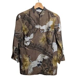 Citron Santa Monica Crane Paisley Print Bamboo Shirt Brown Mandarin Collar Small